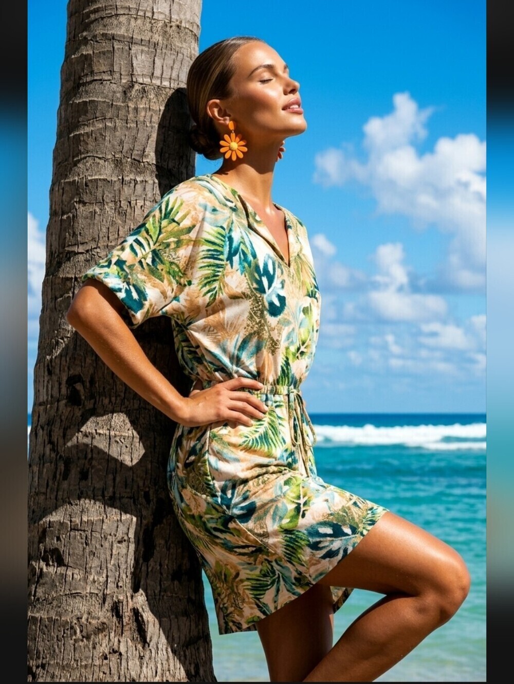 Chico's Tropical Print Dress - Green and Blue Pocket Tie Waist Size 2 (12-14)